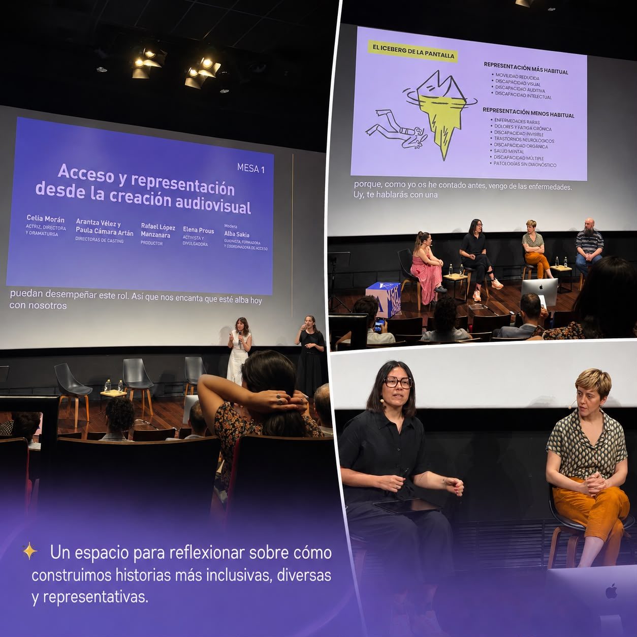 Composición de tres imágenes de una mesa redonda sobre creación audiovisual inclusiva en una sala de cine. 